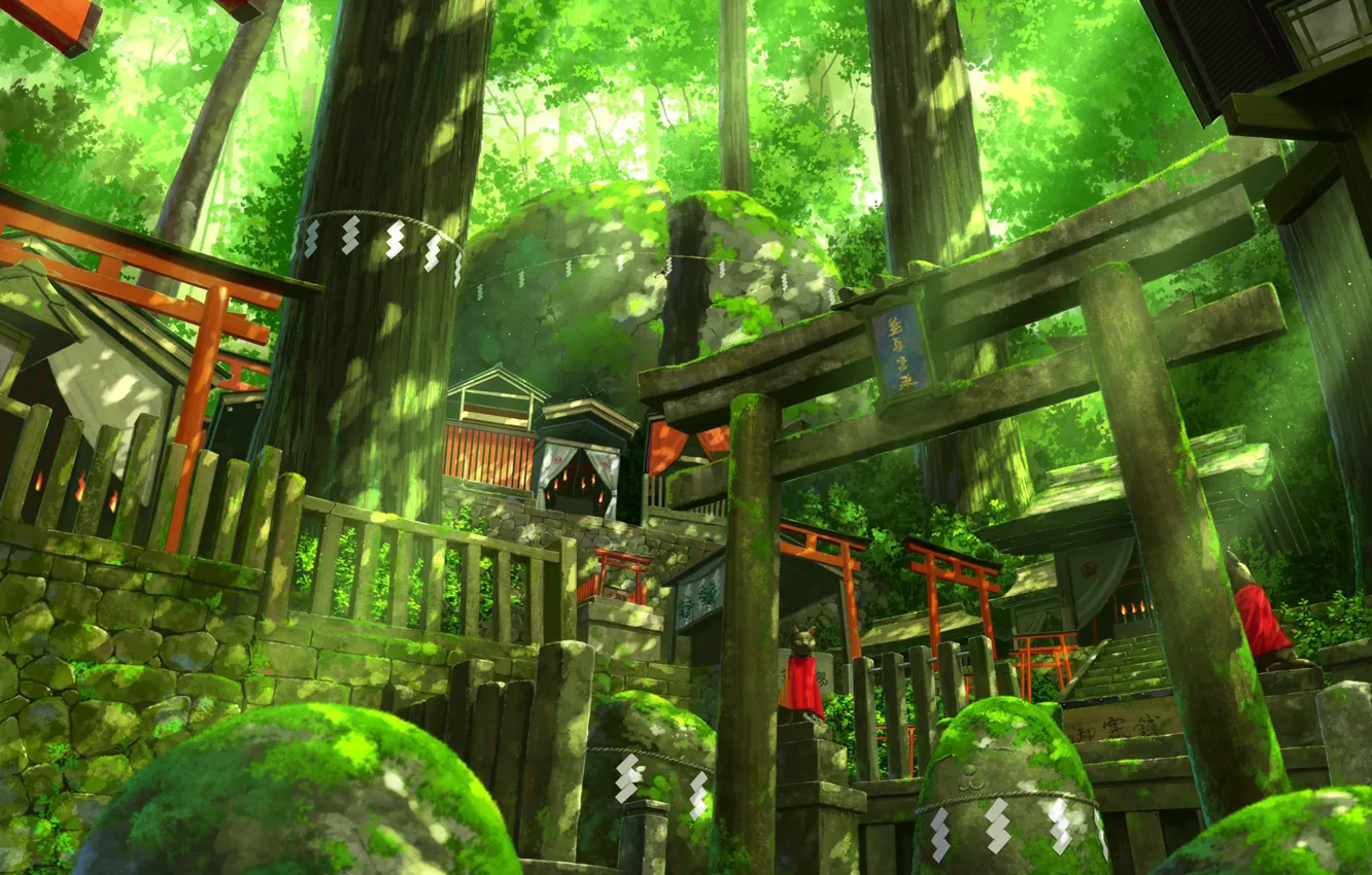 Фото обои мох, Япония, ступени, храм, лисы, лучи света, святилище, кицунэ, таинственный лес, ворота тории, большие деревья