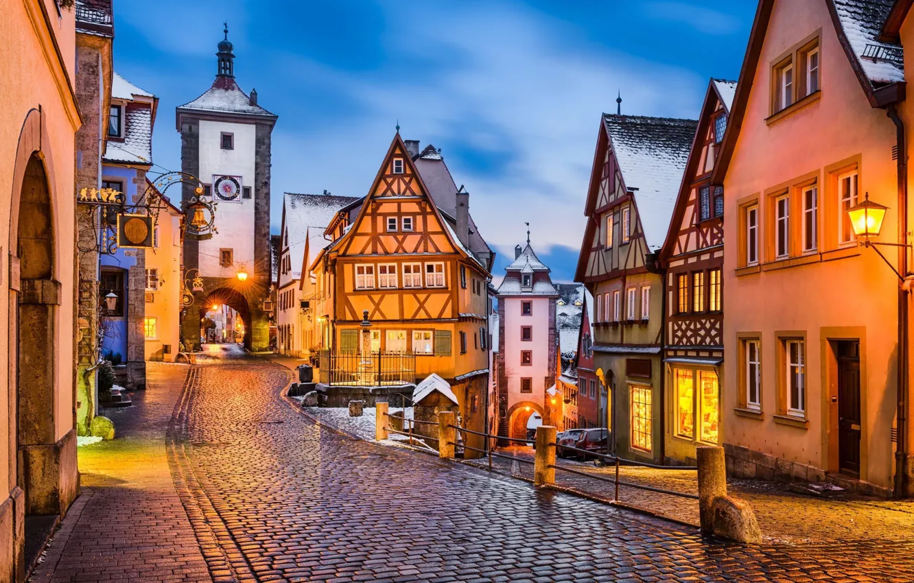 Фото обои зима, снег, вечер, Германия, фонари, Germany, Medieval town, Rothenburg, Ротенбург