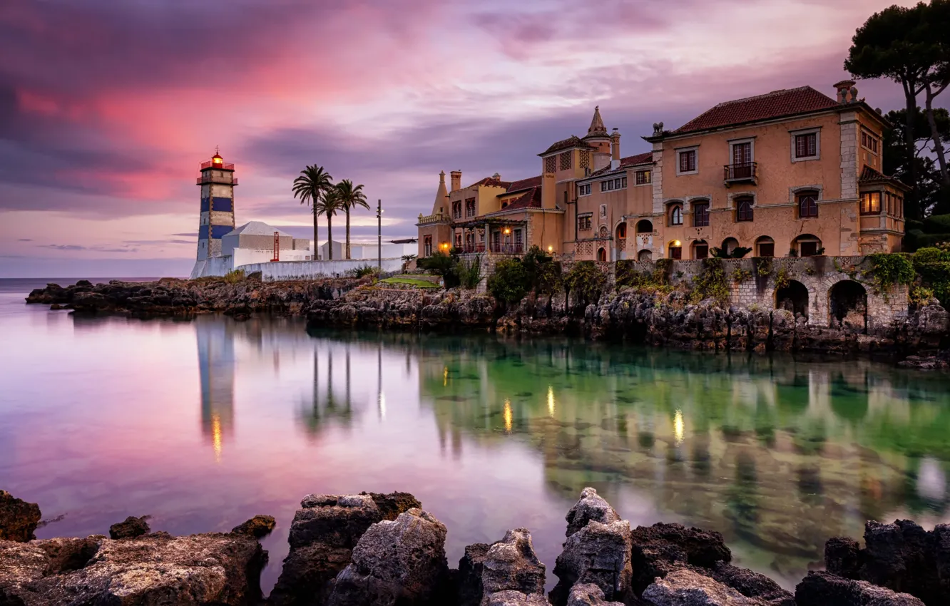 Фото обои пейзаж, закат, природа, камни, океан, здание, маяк, Португалия, Santa Marta Lighthouse
