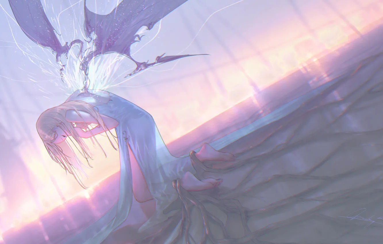 Фото обои свет, корни, крылья, фэнтези, девочка, by Goroku
