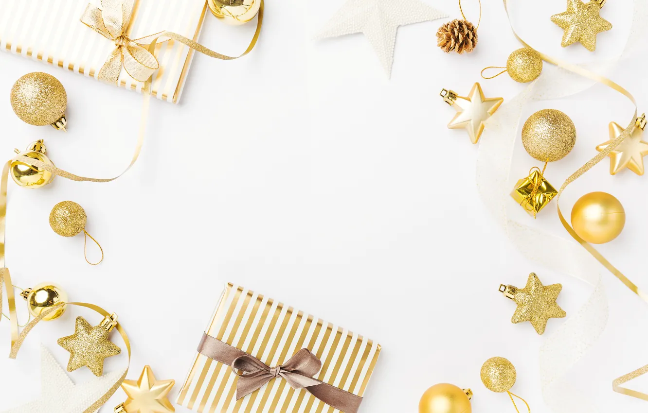 Фото обои украшения, шары, Новый Год, Рождество, подарки, golden, Christmas, balls, New Year, gift, decoration, Merry