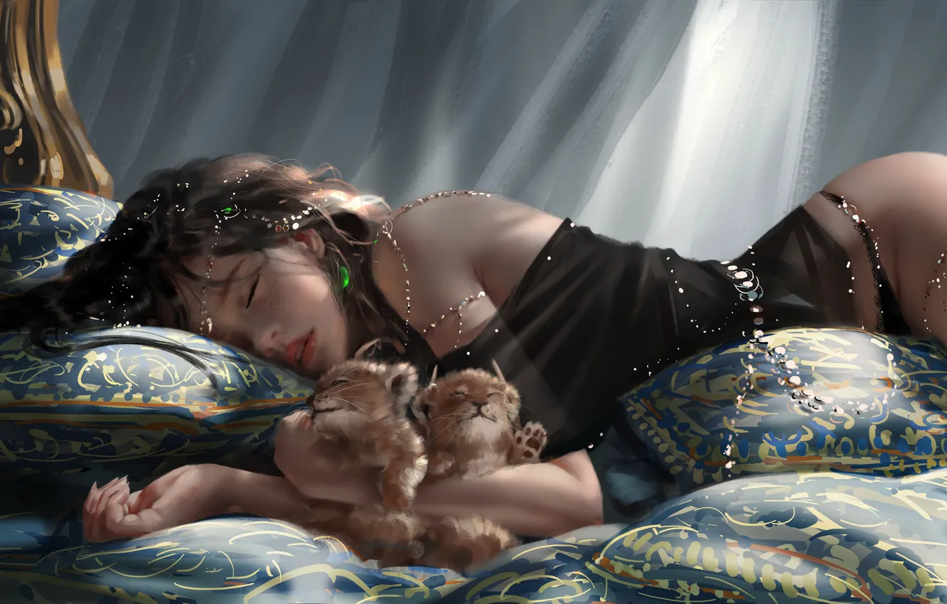 Фото обои dream, girl, art, kittens, sleeping, freckles, Wlop, WLOP