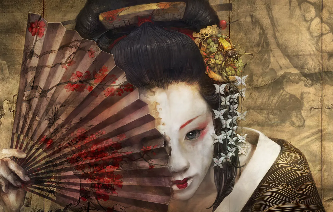 Фото обои лицо, паук, макияж, веер, гребень, прическа, гейша, цветок в волосах, гримм, geisha, by Othon Nikolaidis
