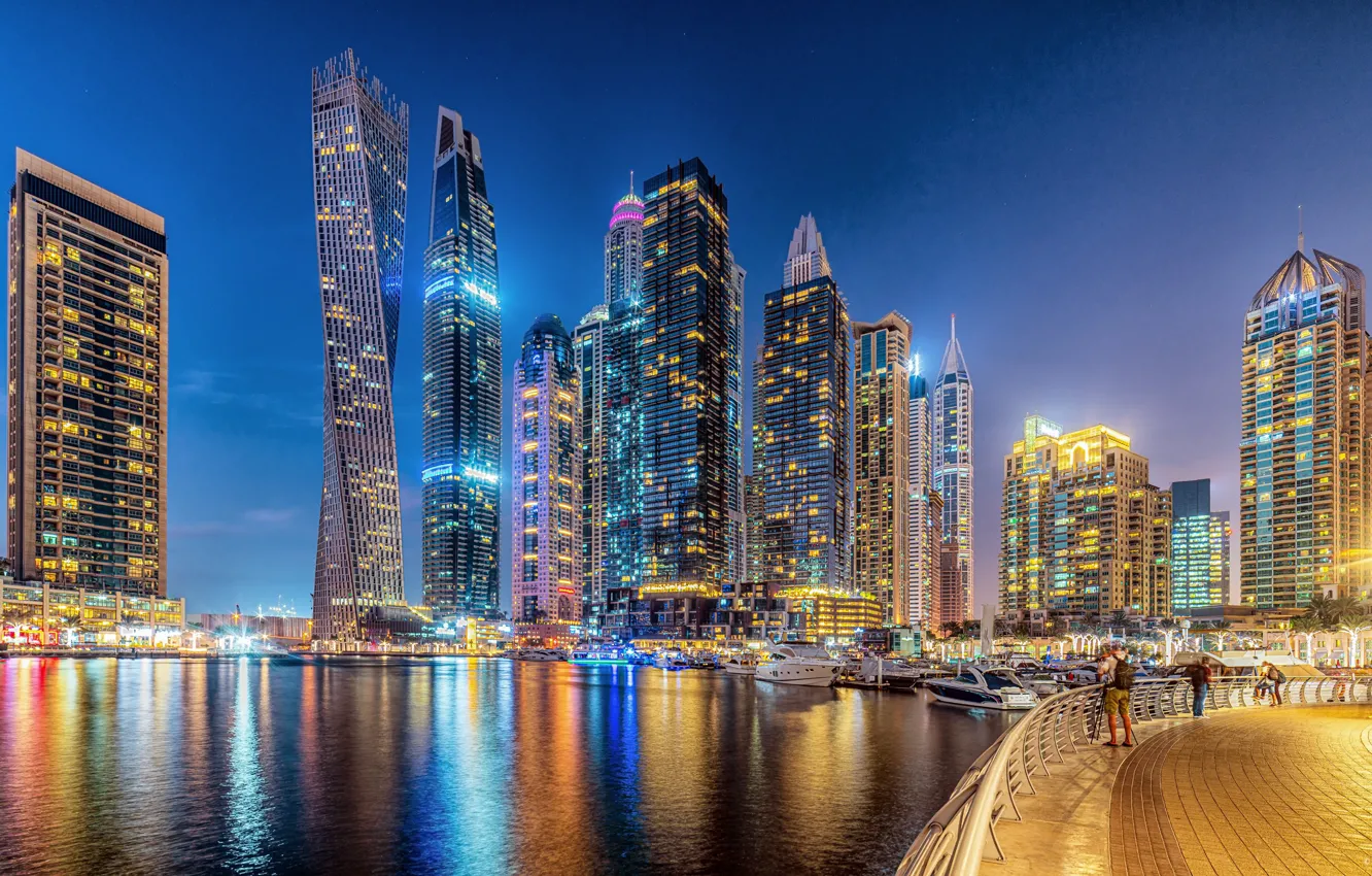 Фото обои здания, Дубай, архитектура, ночной город, Dubai, набережная, небоскрёбы, гавань, ОАЭ, UAE, Дубай Марина, Dubai Marina