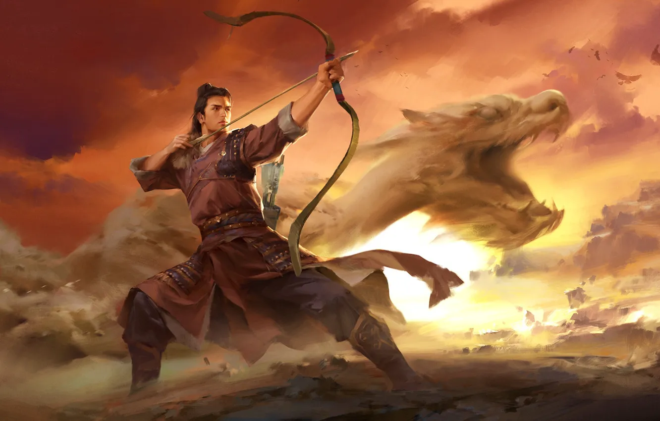 Фото обои дракон, фэнтези, арт, лучник, стрелок, 射 雕 英 雄 侠 之 大 者, zhang lu....