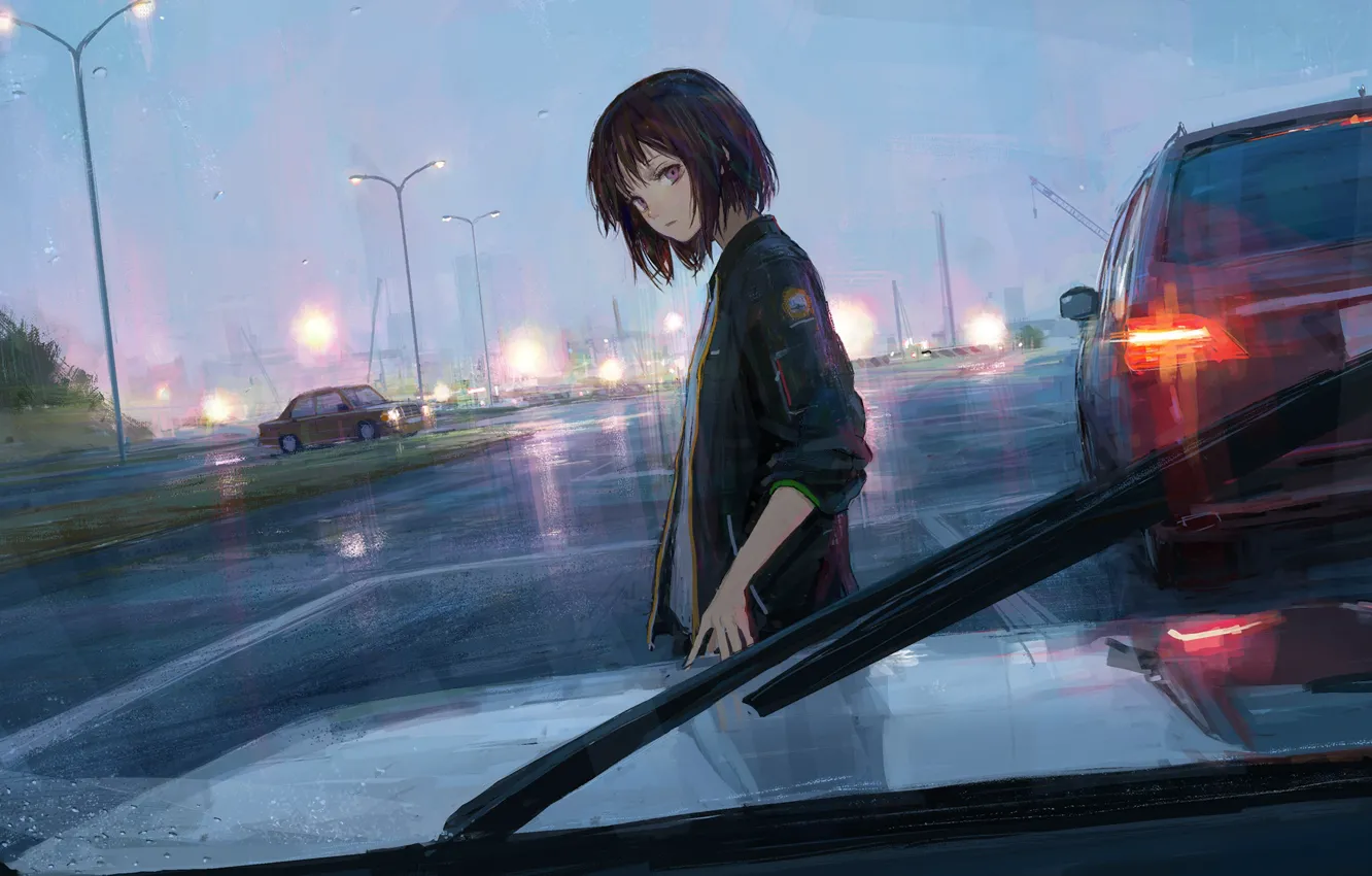 Фото обои дорога, машина, девушка, дождь, shionnn.k