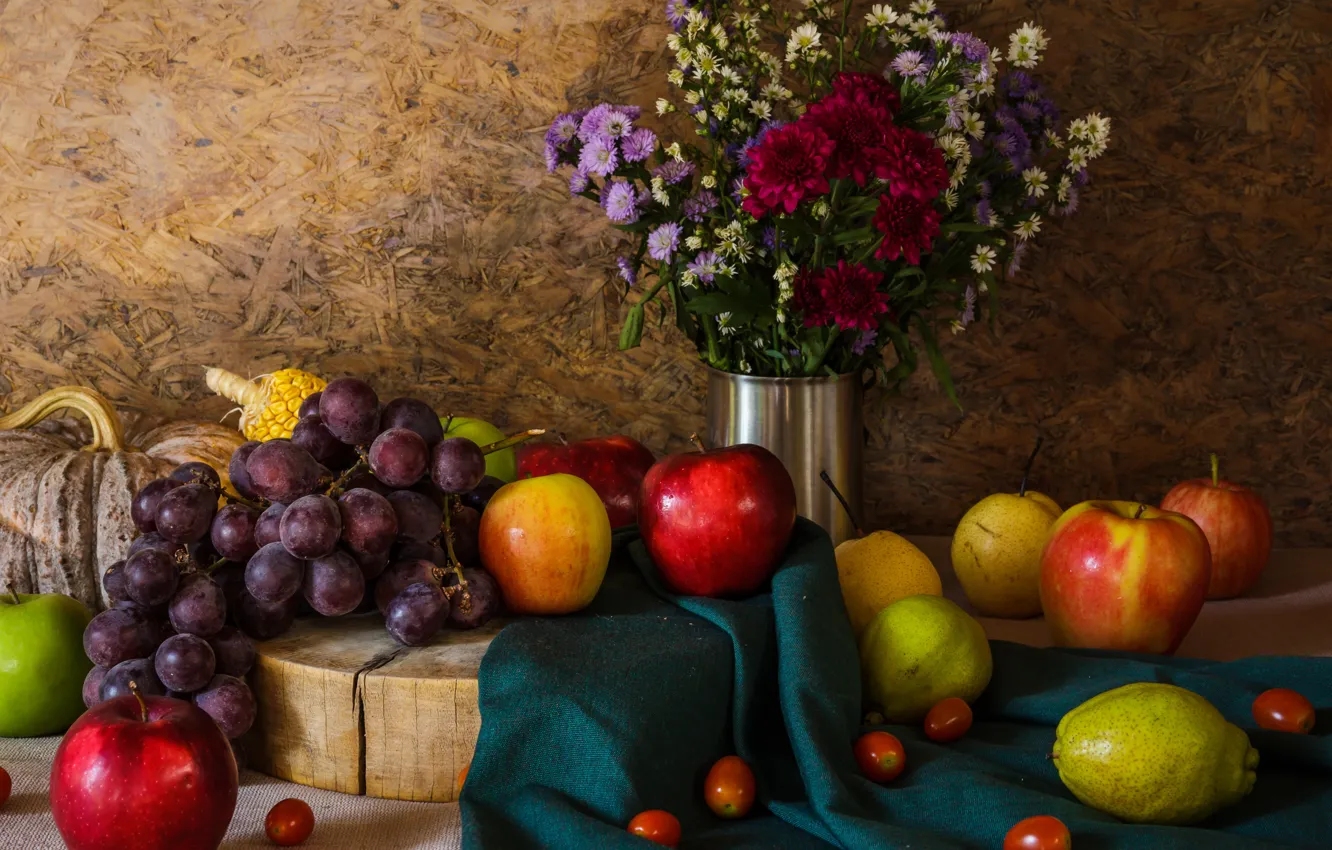 Фото обои цветы, яблоки, букет, виноград, тыква, фрукты, натюрморт, овощи, груши, flowers, fruit, grapes, still life, vegetable