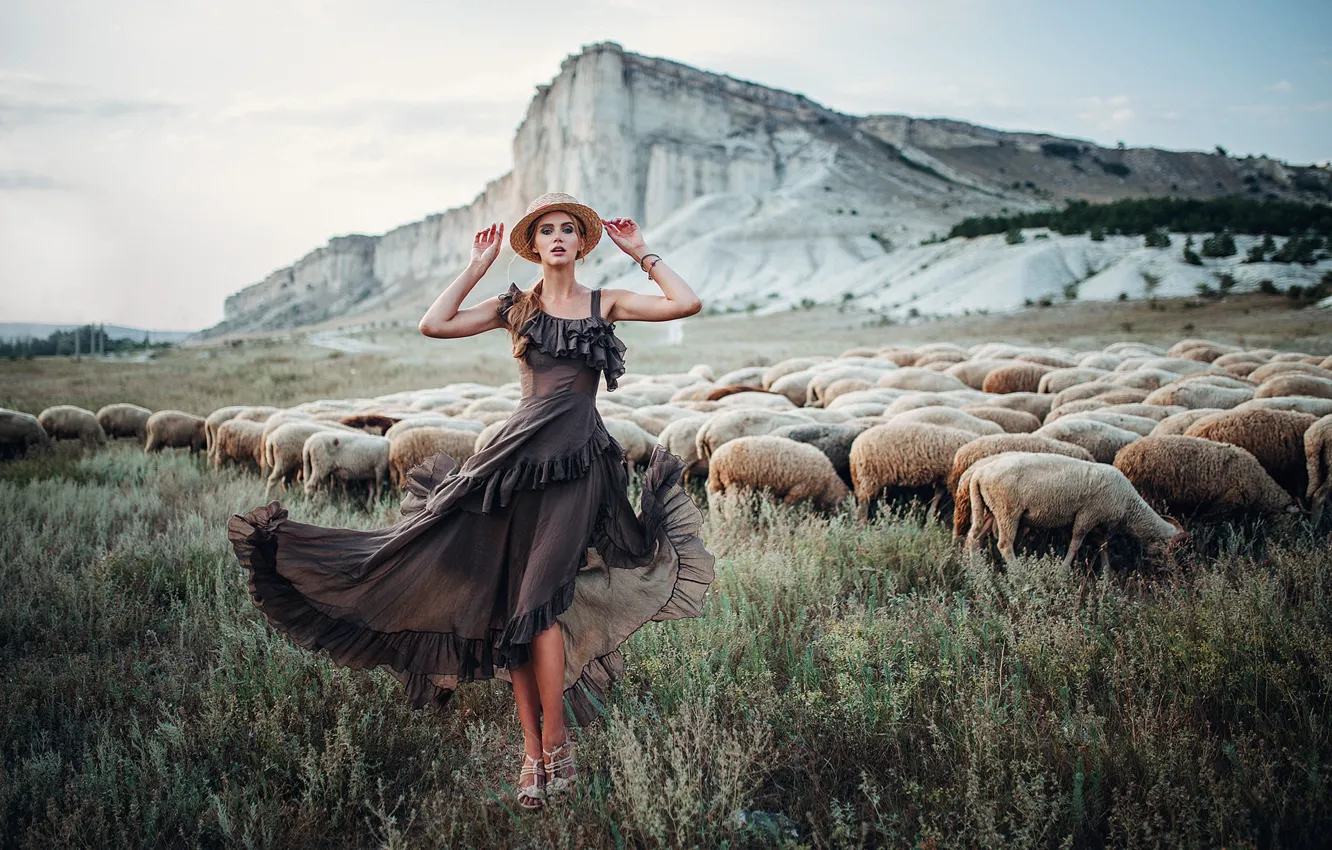 Фото обои девушка, поза, скалы, овцы, платье, пастбище, шляпка, Евгений Фрейер, стадо баранов