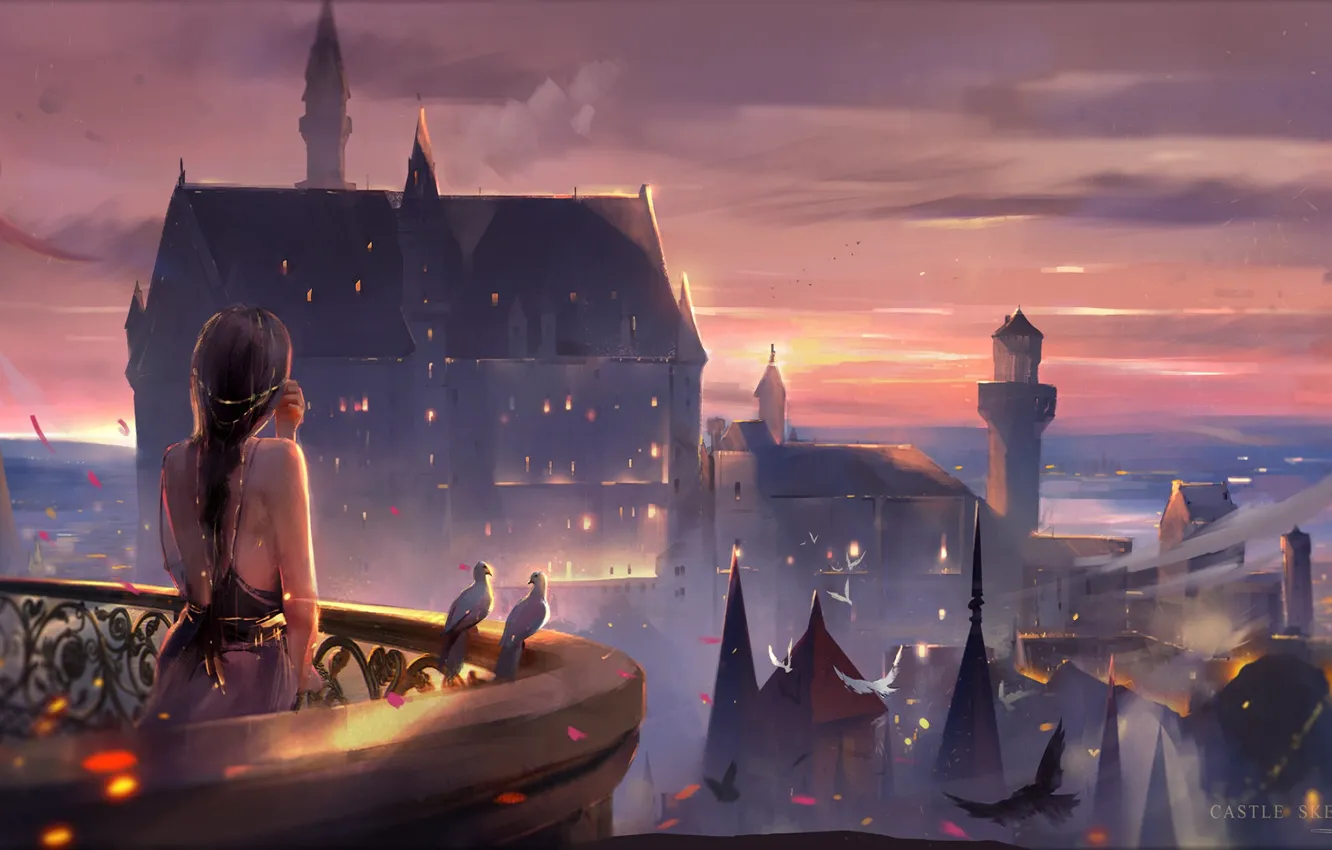Фото обои небо, девушка, замок, вечер, голуби, башни, балкон, длинные волосы, шпили, art, свет в окнах, со …