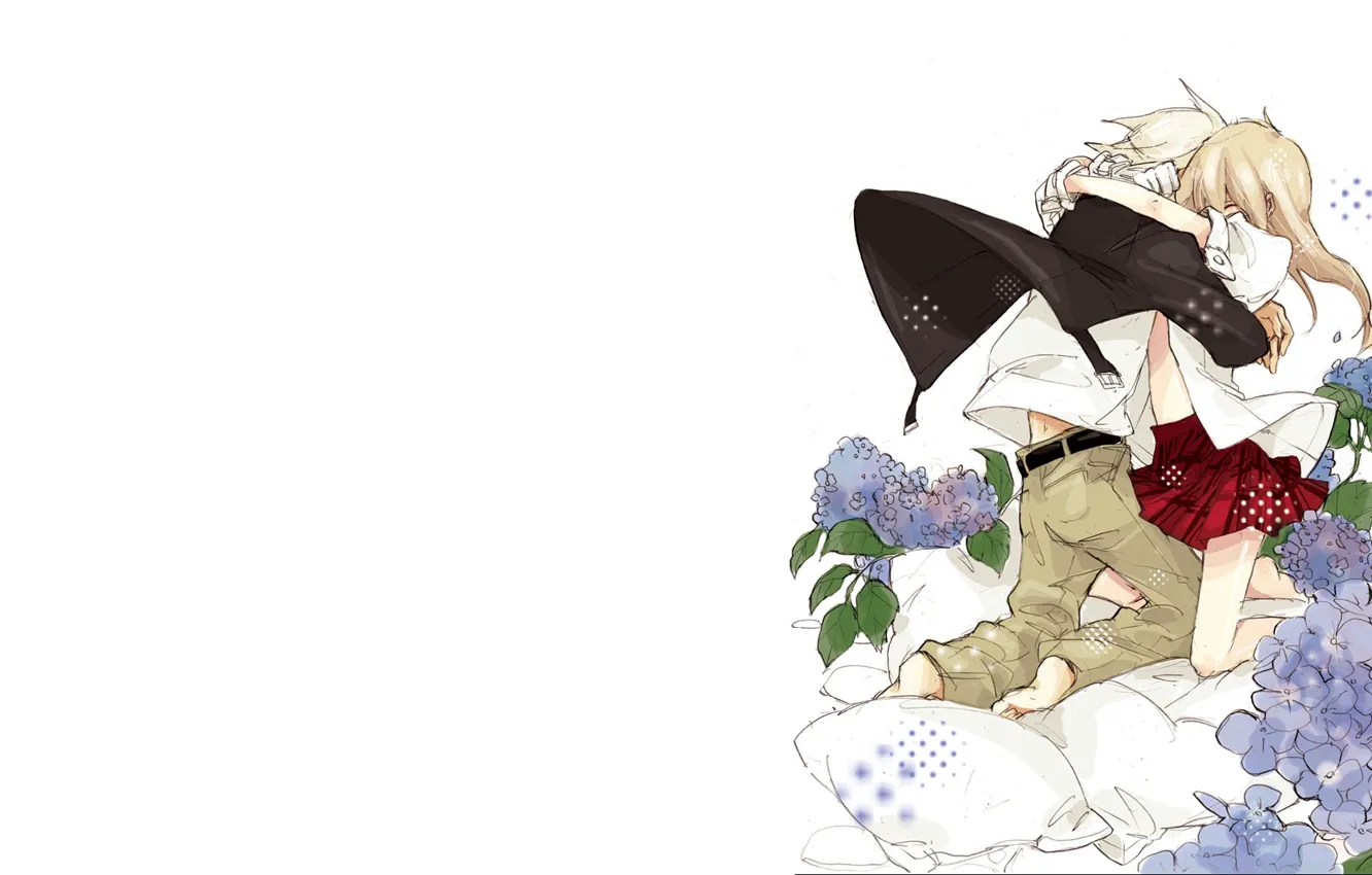 Фото обои девушка, цветы, романтика, подушки, аниме, парень, Пожиратель душ, Soul Eater