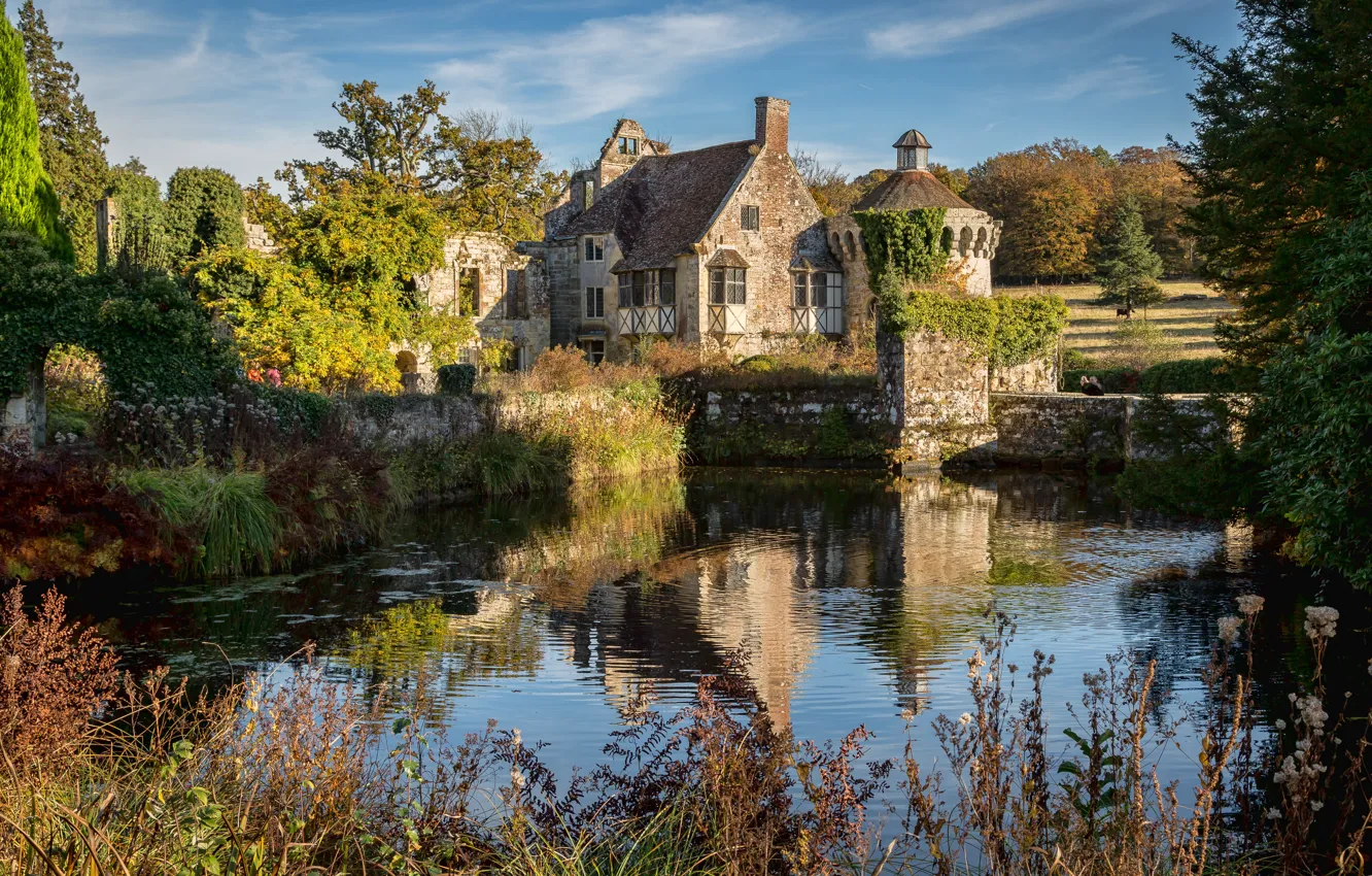Фото обои пейзаж, природа, пруд, замок, Англия, Кент, особняк, сады, Scotney Castle, замок Скотни