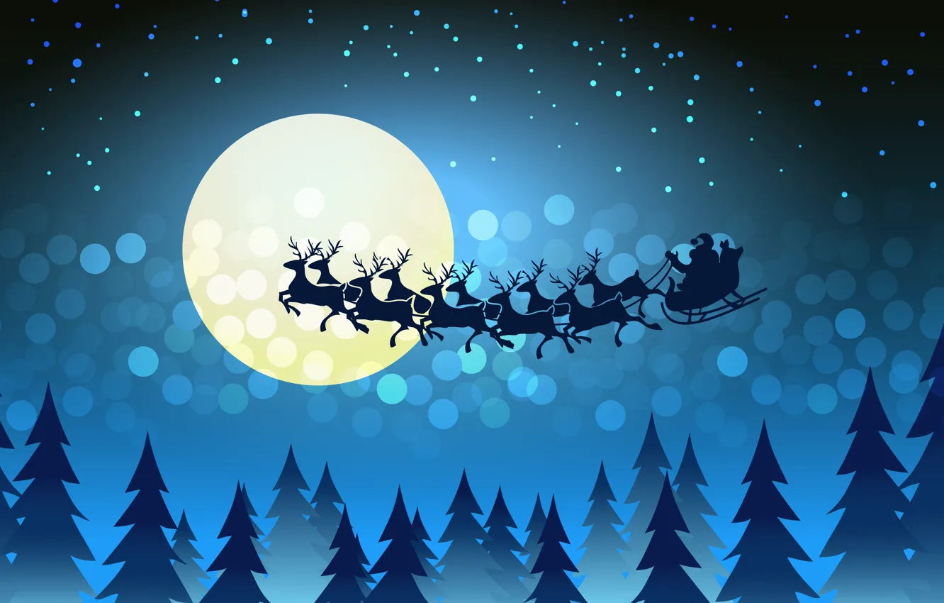 Фото обои Зима, Ночь, Луна, Рождество, Новый год, Санта Клаус, Олени, Сани, Развозит подарки