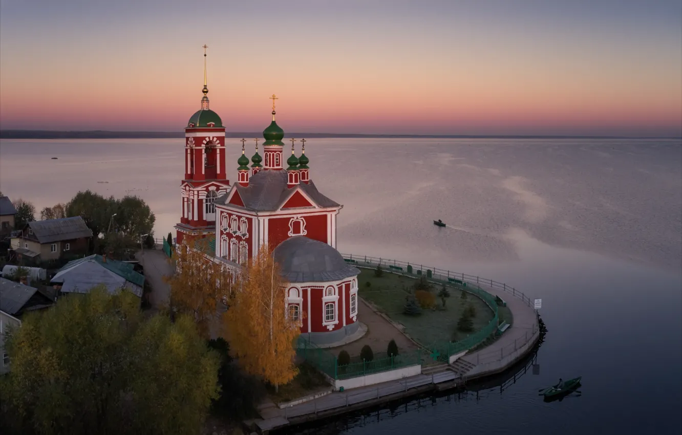 Фото обои пейзаж, природа, озеро, дома, лодки, утро, храм, Алексей Богорянов, Переславль-Залесский