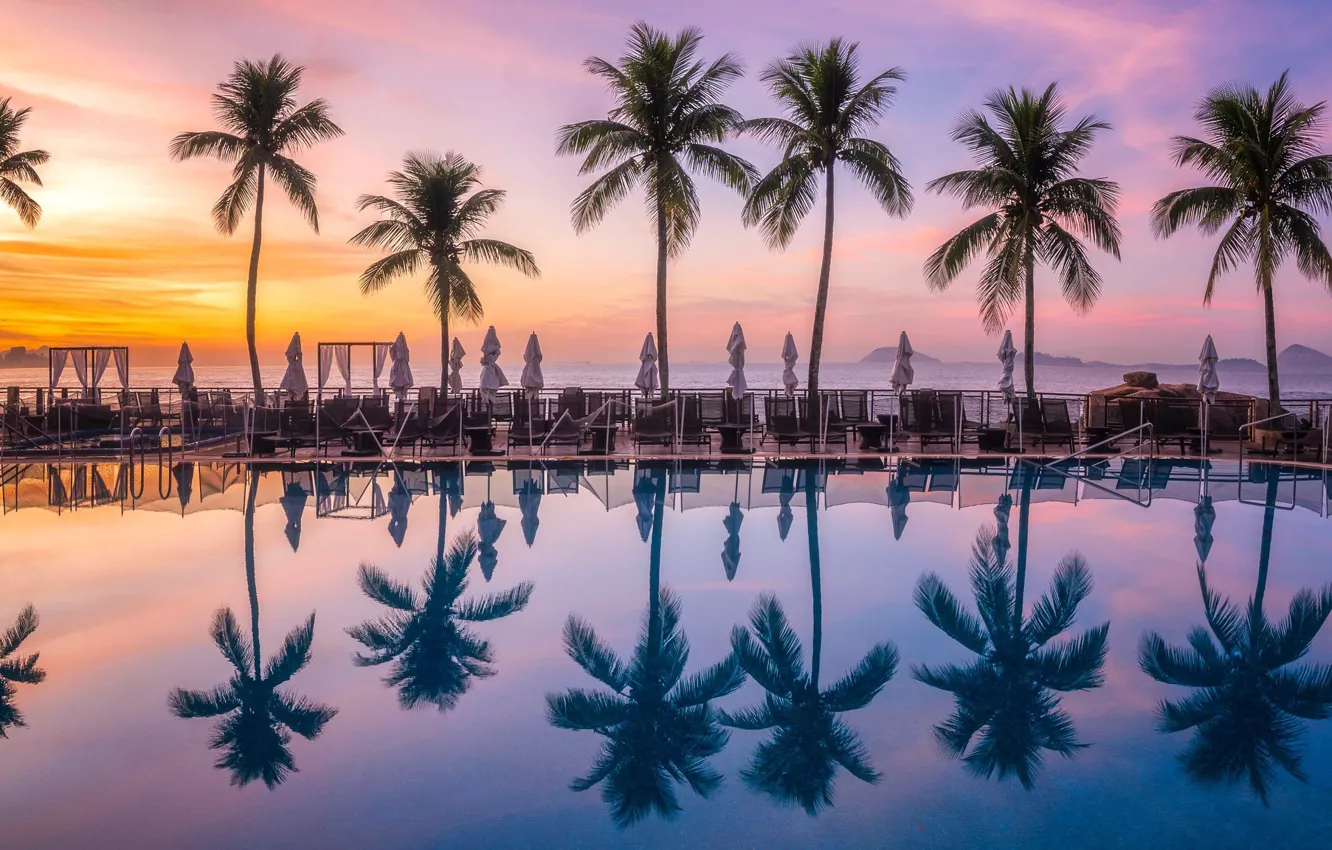 Фото обои закат, отражение, пальмы, океан, бассейн, Бразилия, Рио-де-Жанейро, Brasil, Rio de Janeiro, Hotel Grand Hyatt Rio …