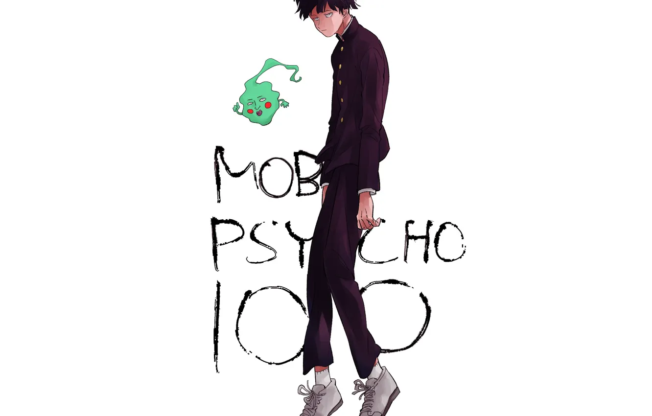 Фото обои белый фон, парень, парни, парит, Mob Psycho 100, Кагеяма Шигео, Моб психо 100, Ямачики