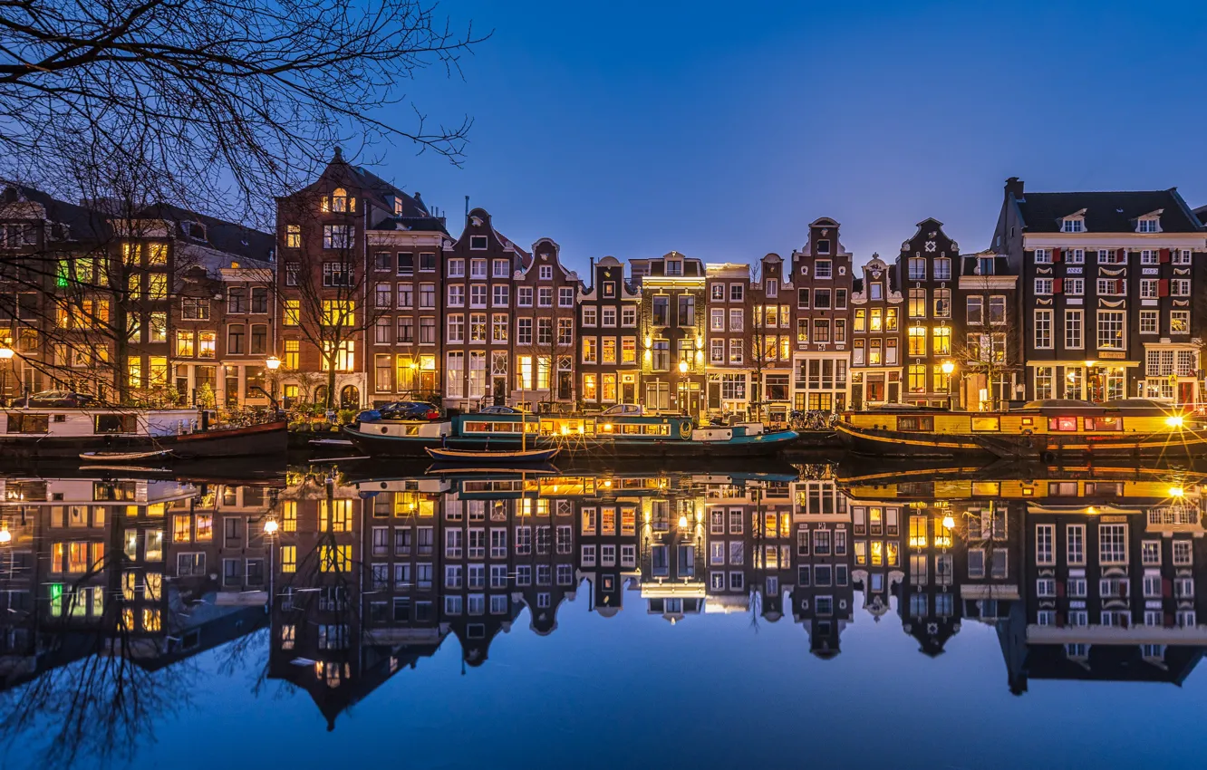 Фото обои отражение, здания, дома, причал, Амстердам, Нидерланды, ночной город, Amsterdam, Netherlands, Singel Canal, Канал Сингел