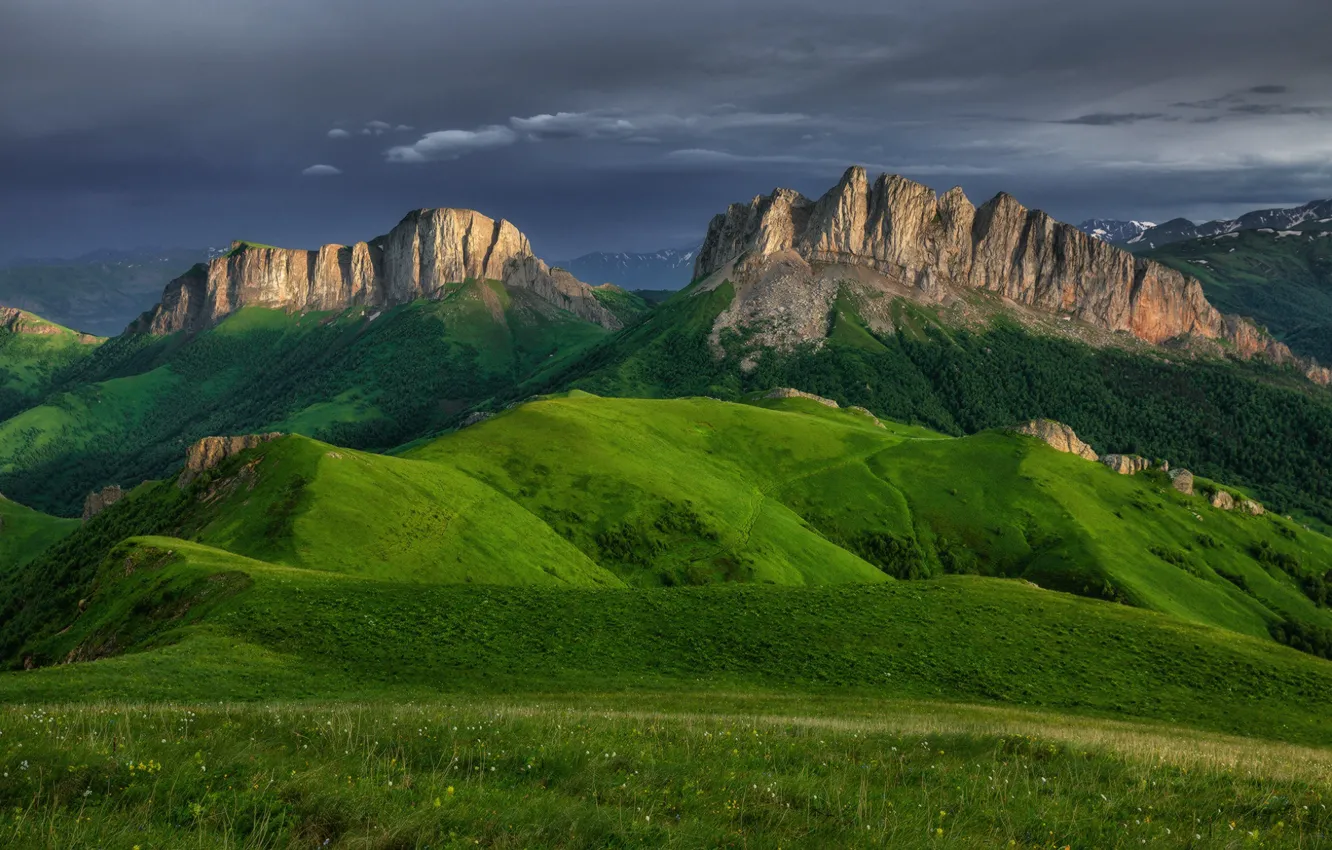 Фото обои пейзаж, горы, природа, холмы, луга, Ачешбок, Западный Кавказ