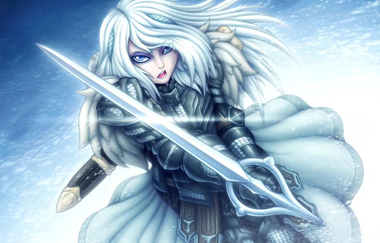 Фото обои зима, взгляд, девушка, меч