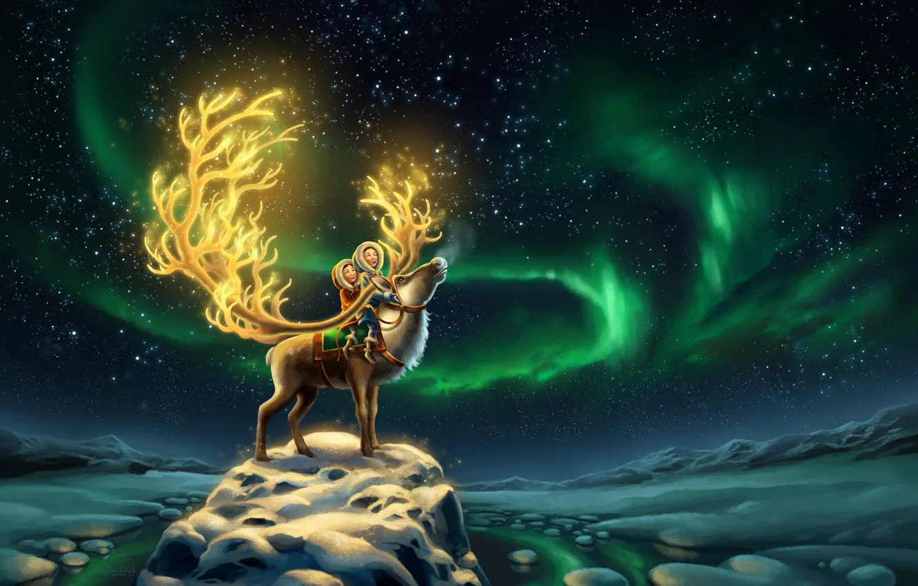 Фото обои Небо, Ночь, Звезды, Снег, Дети, Олень, Аврора, Fantasy, Сестры, Aurora, Север, Животное, North, Reindeer, Северный …