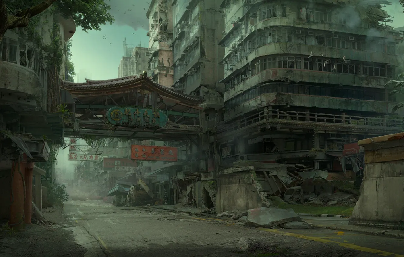 Фото обои руины, постапокалиптика, Hong Kong, разрушенный город, в темноте, безлюдный город, postapocalyptic, заброшенная зона, разрушенные здания, …