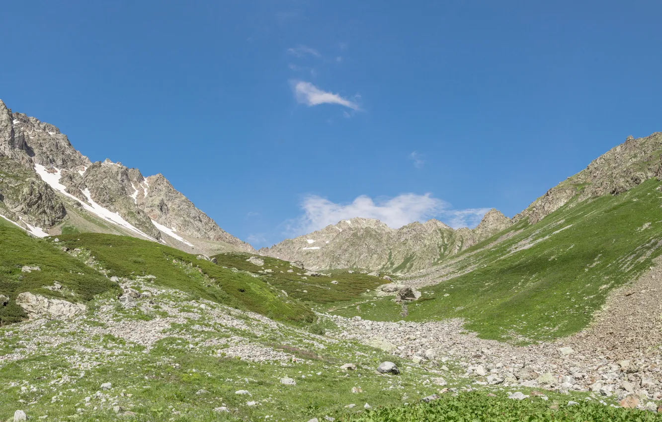 Фото обои горы, панорама, широкоформатные обои, кавказ, архыз, альпийские луга, широкие обои, долина в горах