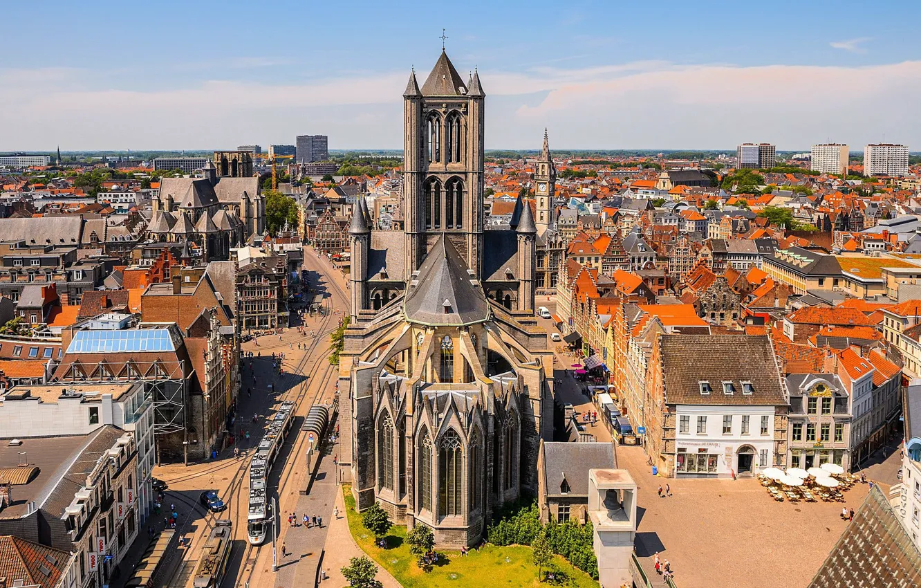 Обои готика, дома, Бельгия, улицы, Гент, Церковь Святого ...