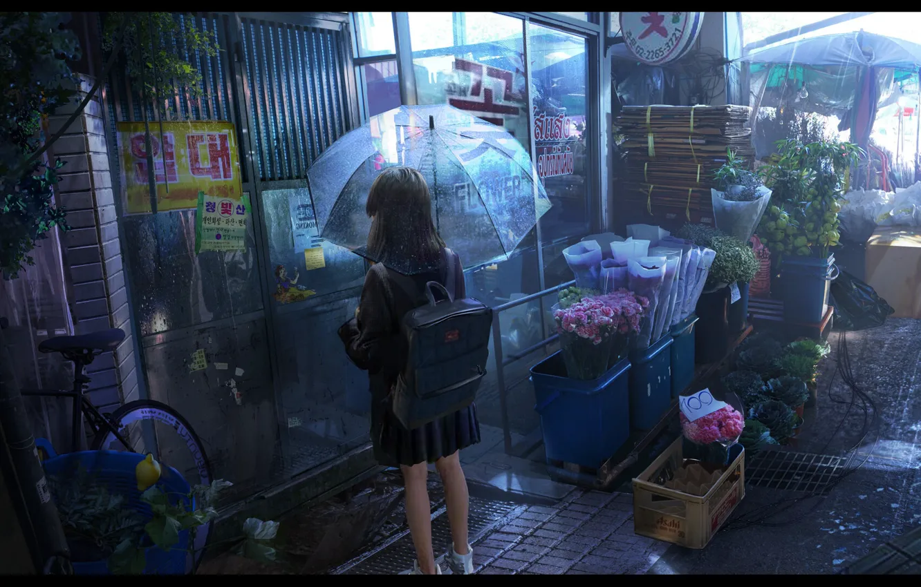 Фото обои цветы, дождь, настроение, зонт, арт, девочка, детская, магазинчик, flower shop in rainy day, lee su …