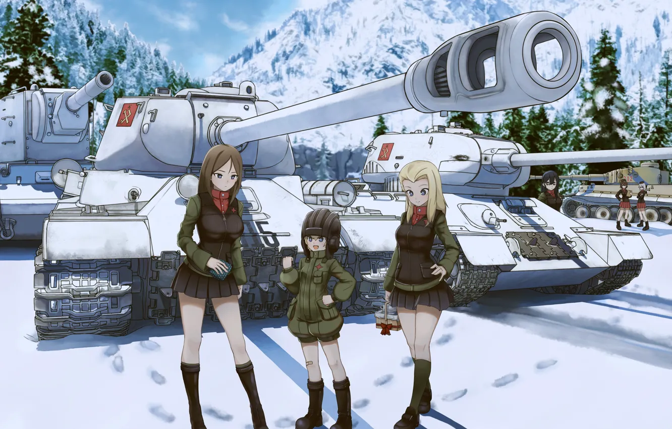 Фото обои Зима, Снег, Танки, Tank, Nonna, Klara, Girls und Panzer, T-34-85, KV-2, IS-2, Katyusha, Tiger 131, …