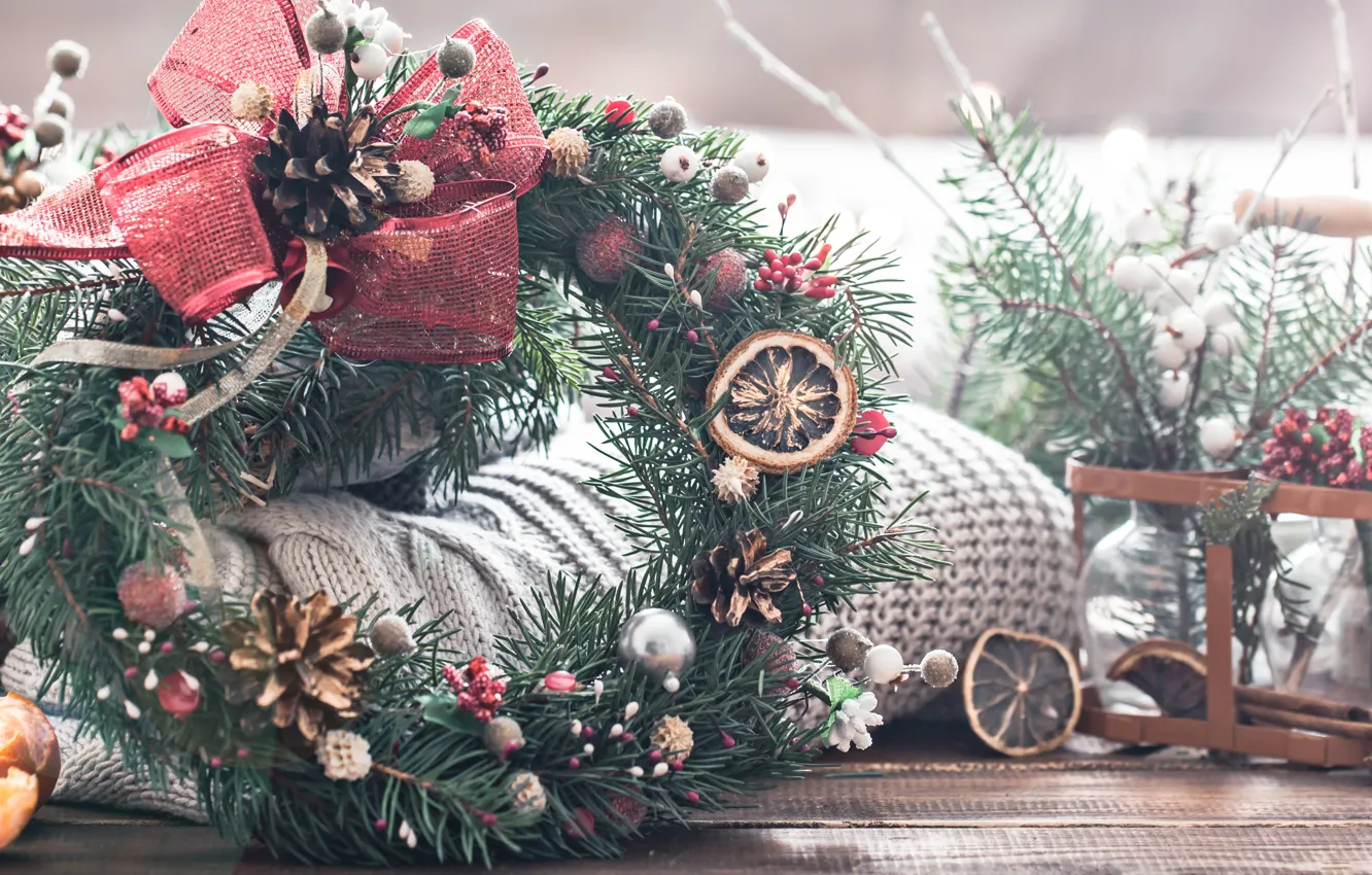 Фото обои ветки, Рождество, Новый год, мандарин, декорация, рождественский венок