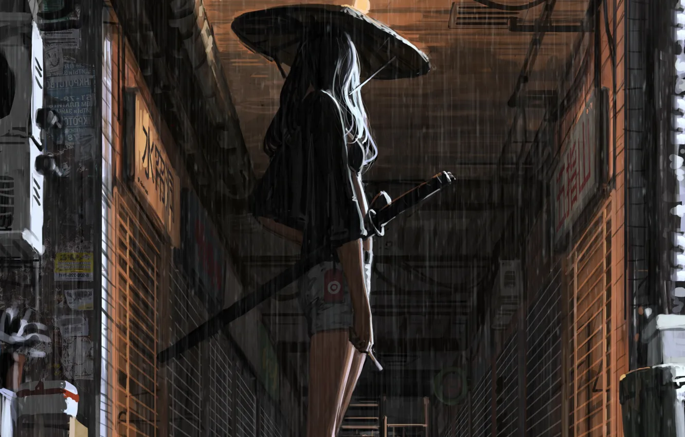 Фото обои девушка, оружие, дождь, спина, япония, арт