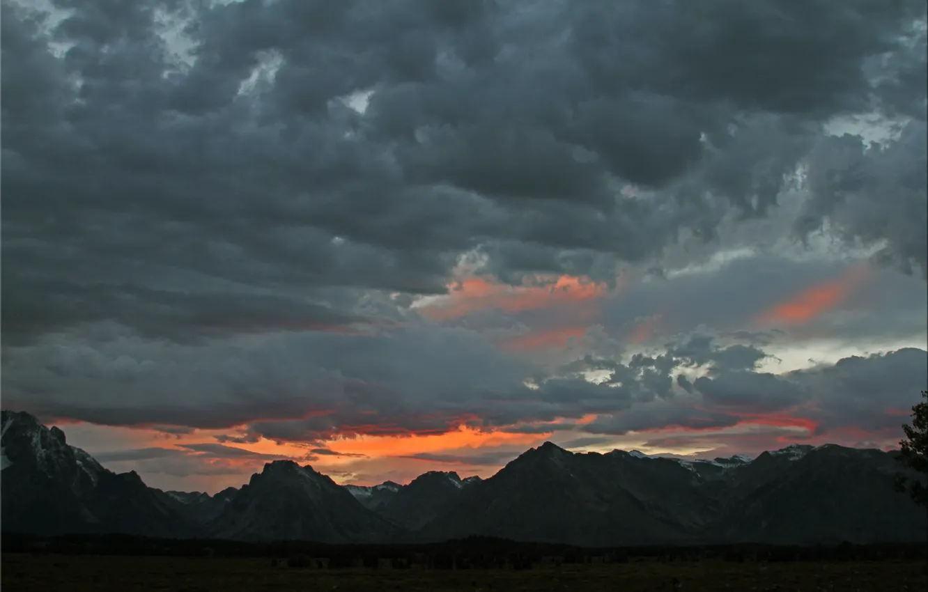 Фото обои небо, закат, горы, тучи, природа, скалы, вечер, Вайоминг, USA, США, Wyoming, Grand Teton National Park, …