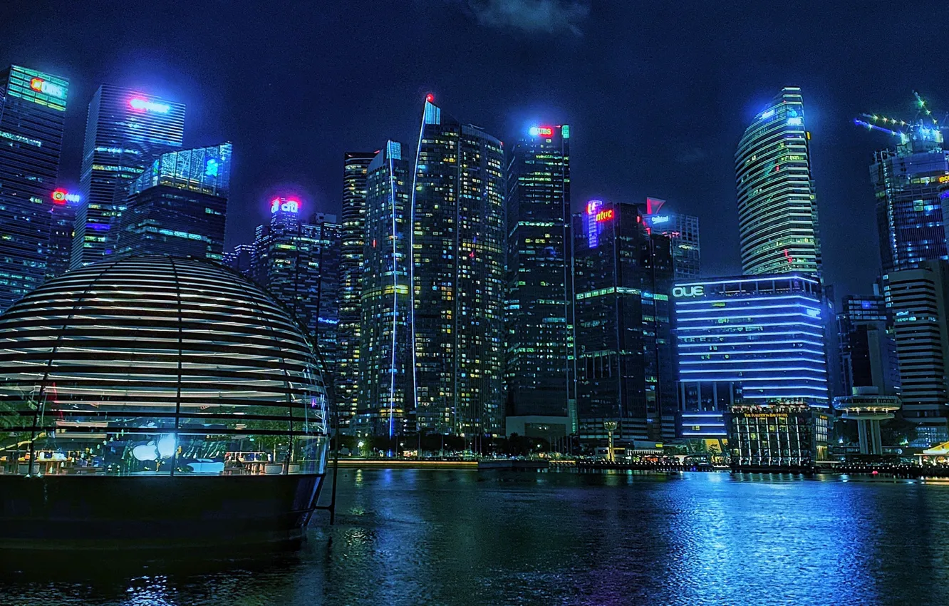 Фото обои здания, залив, Сингапур, ночной город, небоскрёбы, Singapore, Marina Bay, Марина-Бэй