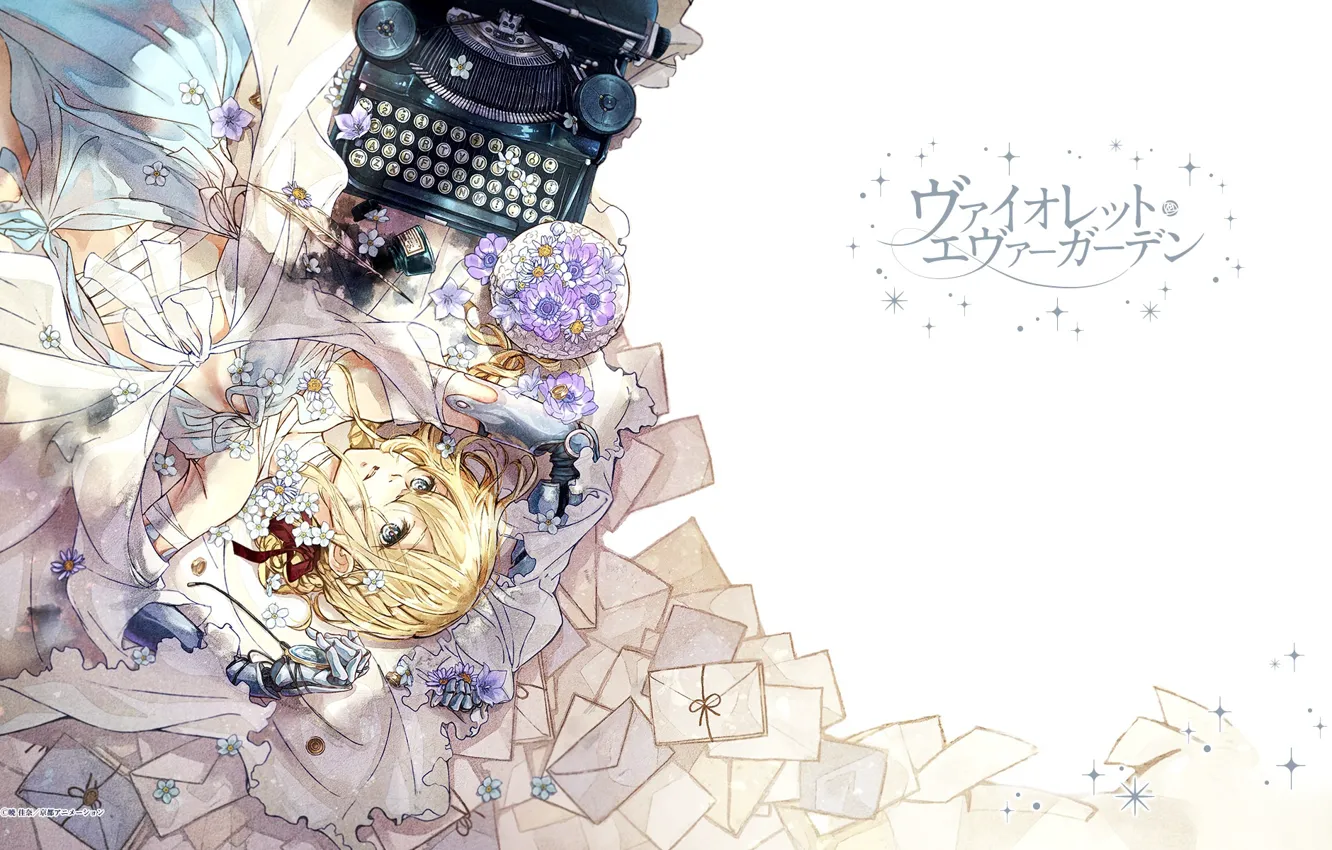 Фото обои иероглифы, печатная машинка, голубые глаза, art, фиалки, письма, конверты, Violet Evergarden, Akiko Takase