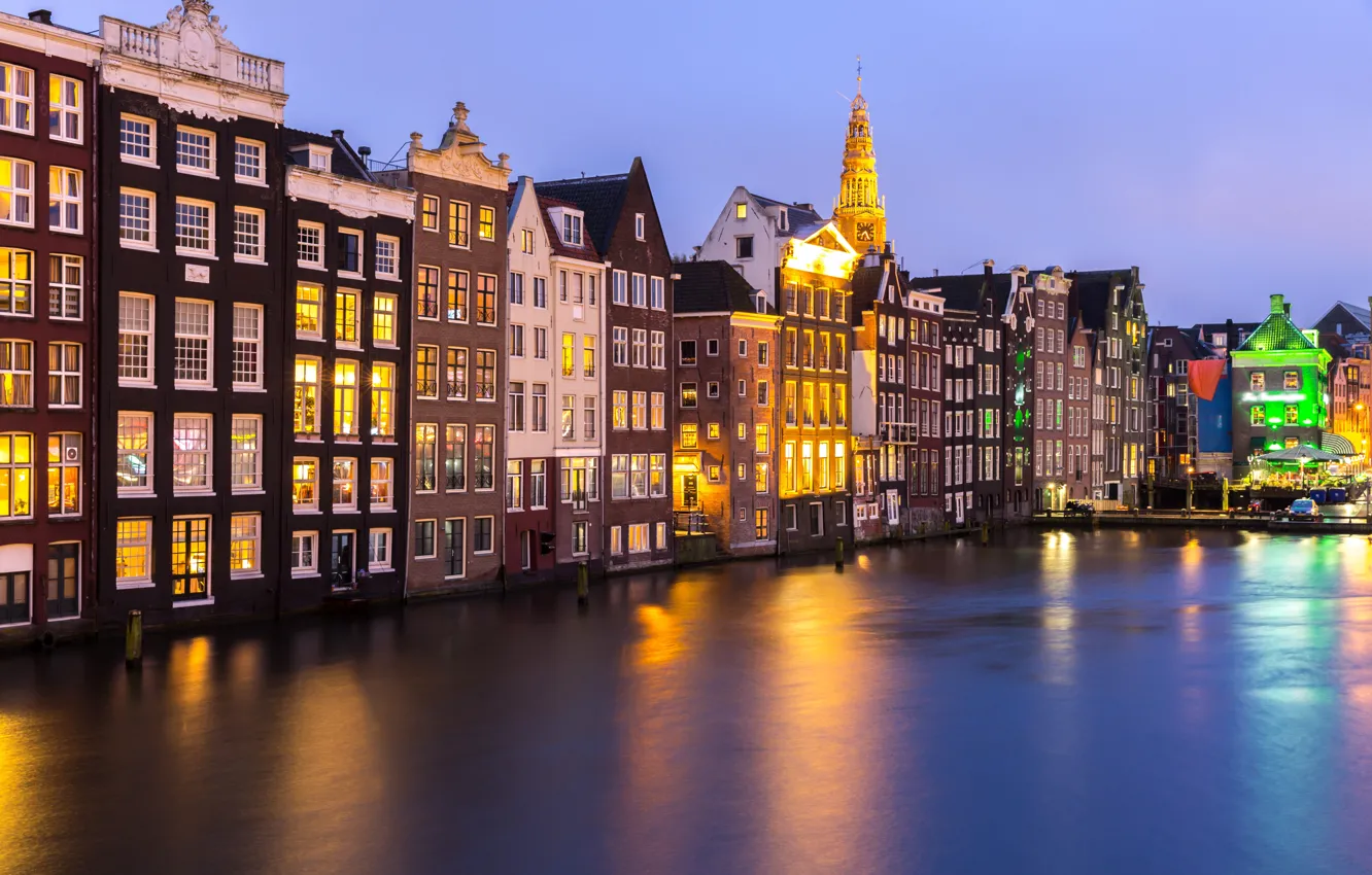 Фото обои ночь, city, город, lights, огни, река, Амстердам, panorama, night, Amsterdam, Голландия, Netherlands, cityscape, Canal