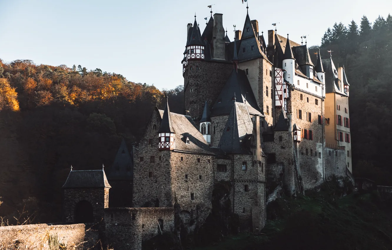 Фото обои небо, деревья, горы, Германия, замок Эльц, средневековая архитектура