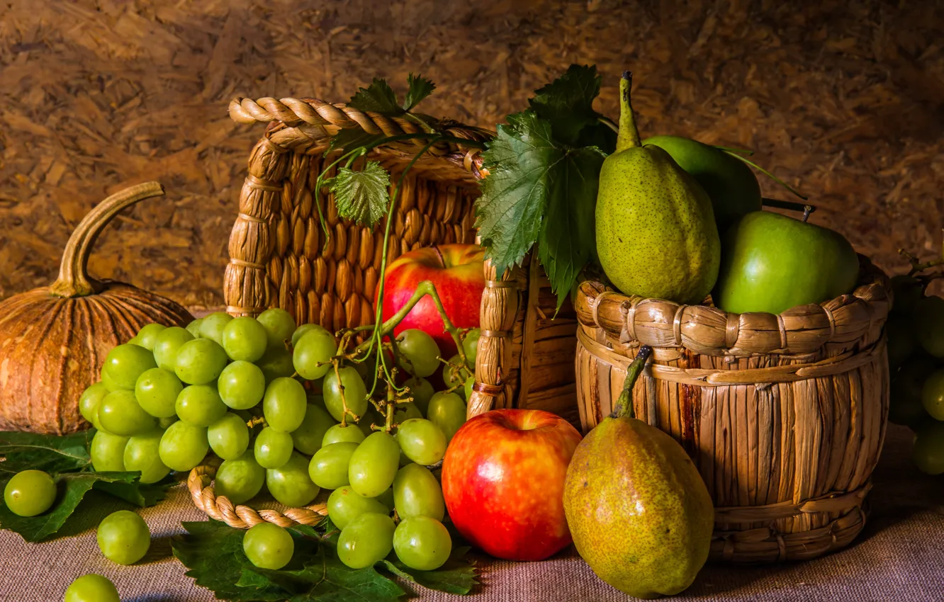 Фото обои яблоки, виноград, фрукты, натюрморт, груши, flowers, autumn, fruit, grapes, still life