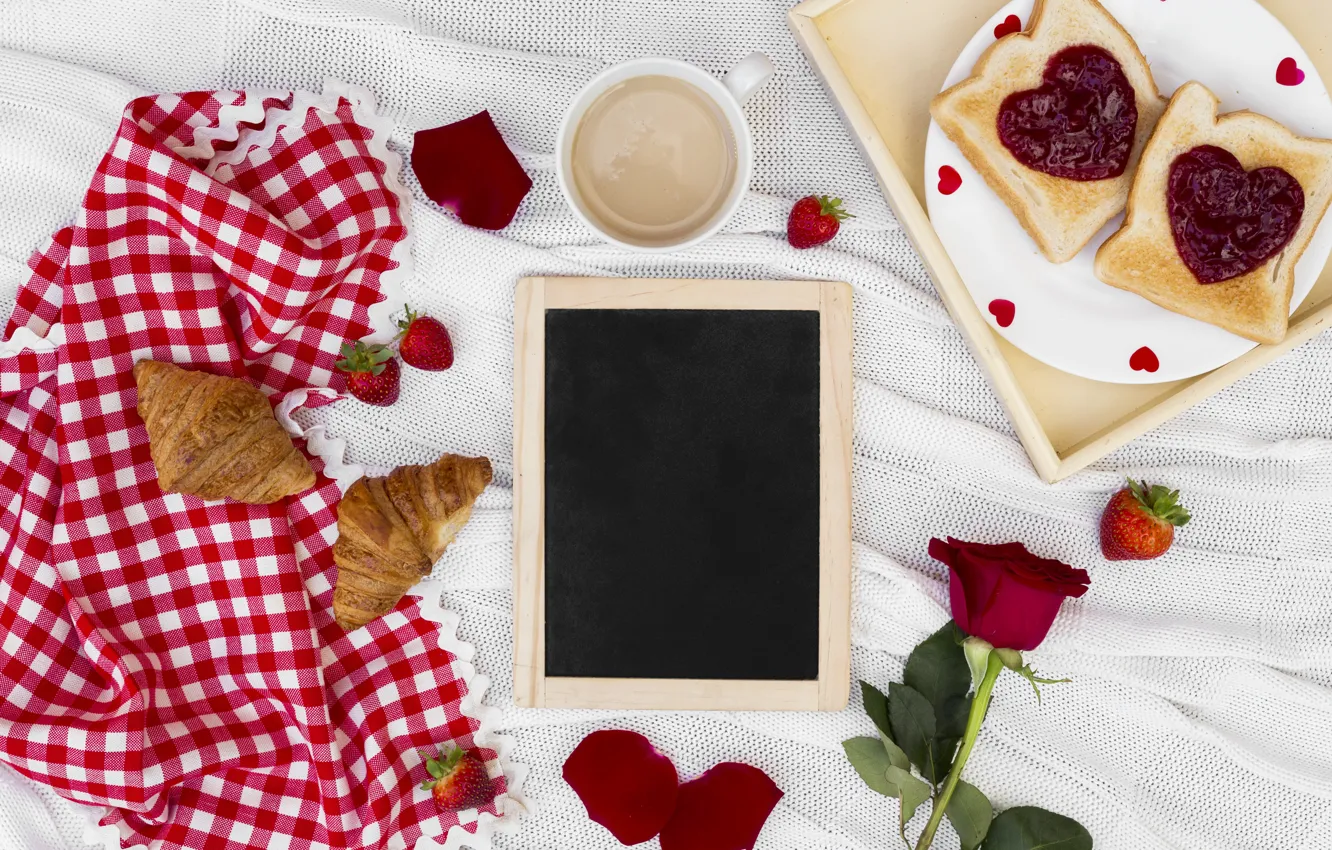 Фото обои любовь, розы, завтрак, сердечки, love, romantic, hearts, coffee cup, valentine, круассаны, croissant, breakfast, roses, чашка …