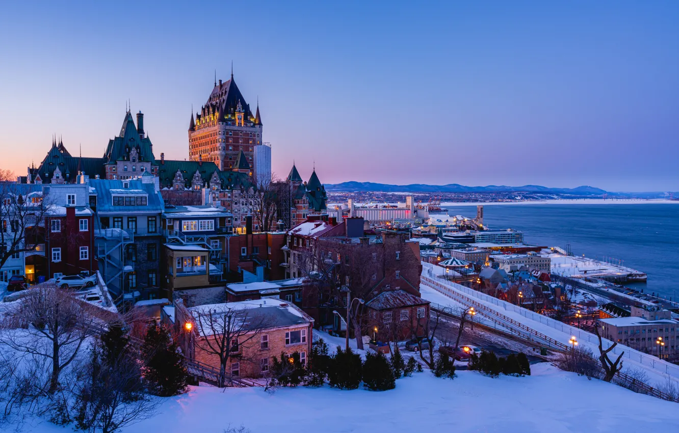 Фото обои зима, снег, река, здания, дома, Канада, Canada, Quebec, Квебек, Saint Lawrence River, Река Святого Лаврентия