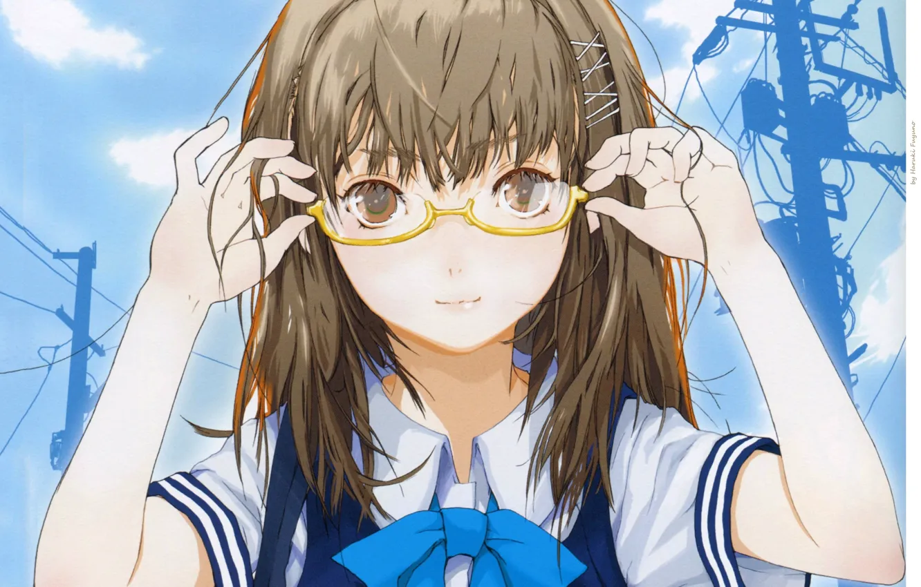 Фото обои лицо, руки, очки, ЛЭП, girl, бант, голубое небо, чёлка, haruaki fuyuno, школьницо