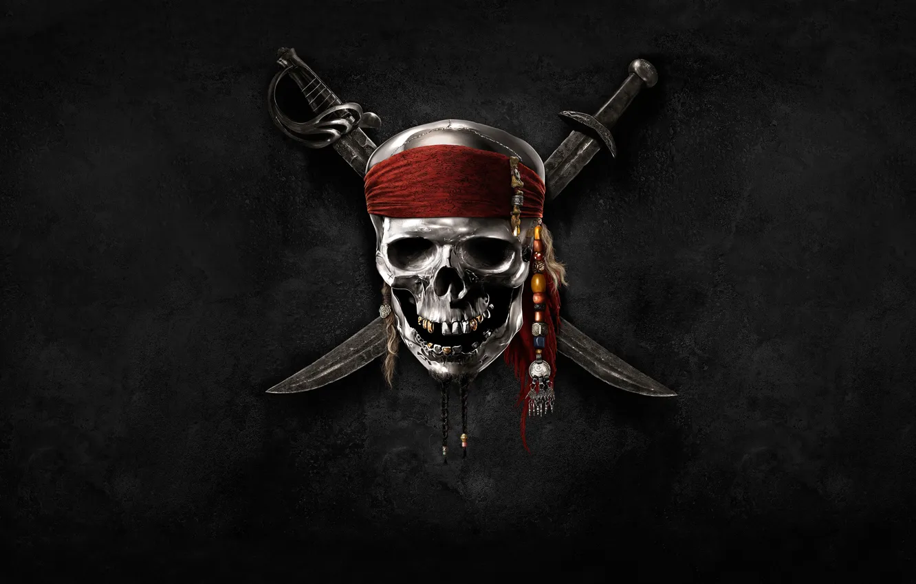 Фото обои skull, black, background, pirates of the caribbean, bandana, sabre