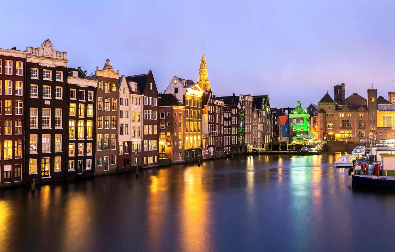 Фото обои ночь, city, город, lights, огни, река, Амстердам, panorama, night, Amsterdam, Голландия, Netherlands, cityscape, Canal