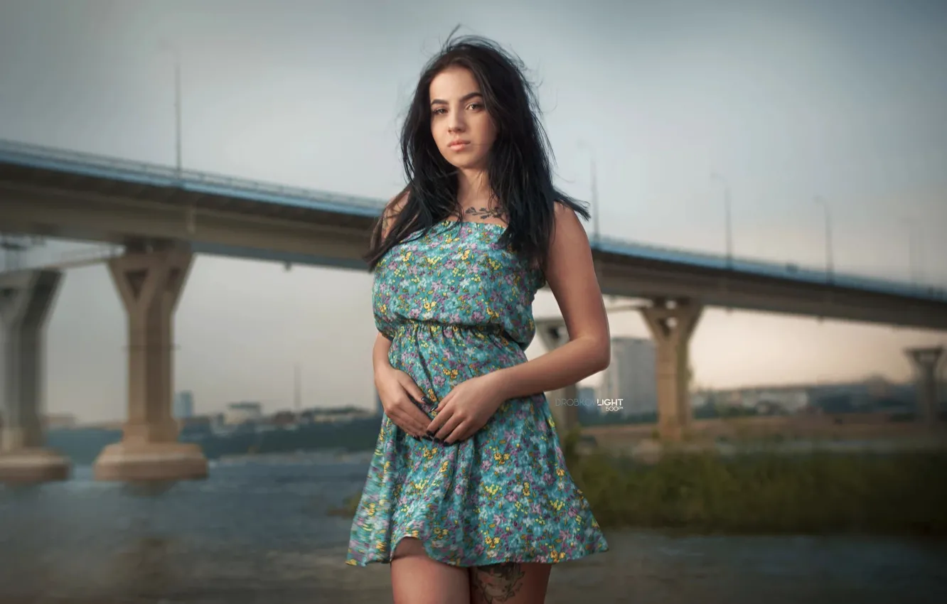 Фото обои девушка, мост, платье, брюнетка, тату, Ангелина, Alexander Drobkov-Light