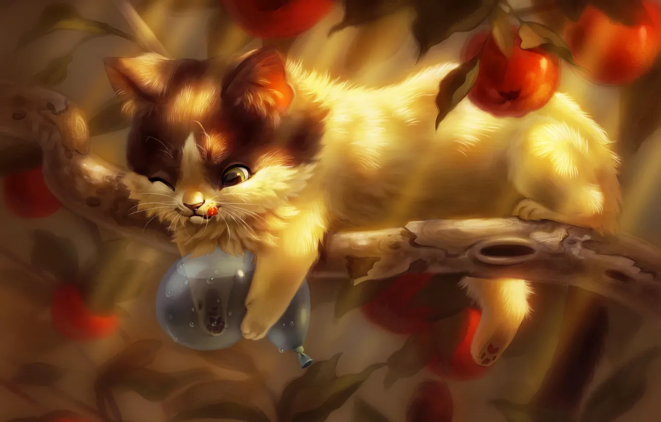 Фото обои дерево, яблоки, ветка, шарик, котёнок, иллюстрация, digital art, Amelia Bothe