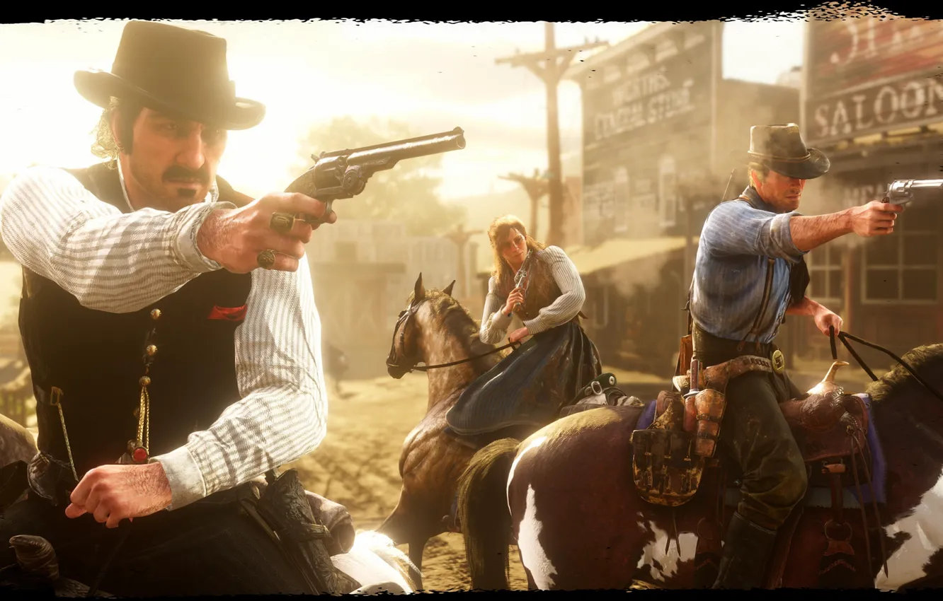 Фото обои шляпа, лошади, банда, револьвер, Rockstar, Бандит, Red Dead Redemption 2, Arthur Morgan