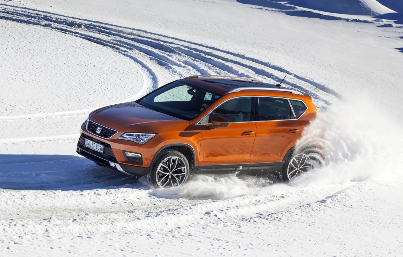 Фото обои снег, движение, SUV, Seat, 2017, 4Drive, Ateca