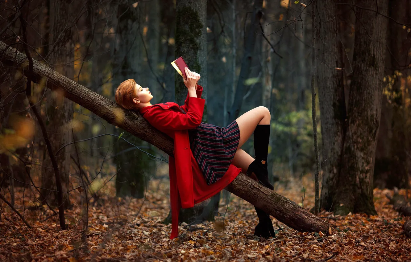 Фото обои осень, лес, листья, девушка, настроение, модель, сапоги, макияж, платье, прическа, лежит, книга, ножки, в красном, …