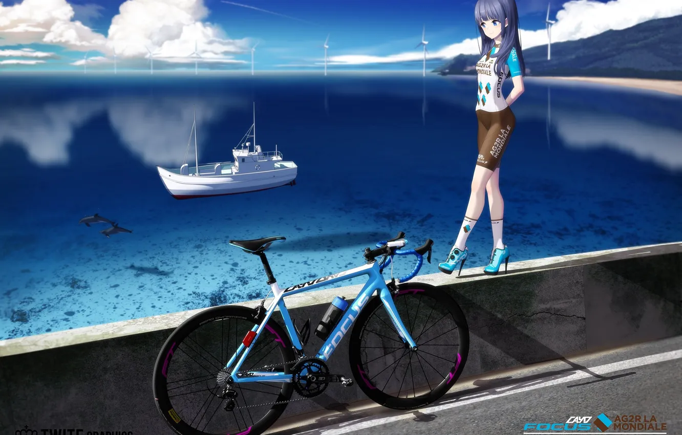 Фото обои море, девушка, велосипед, корабль