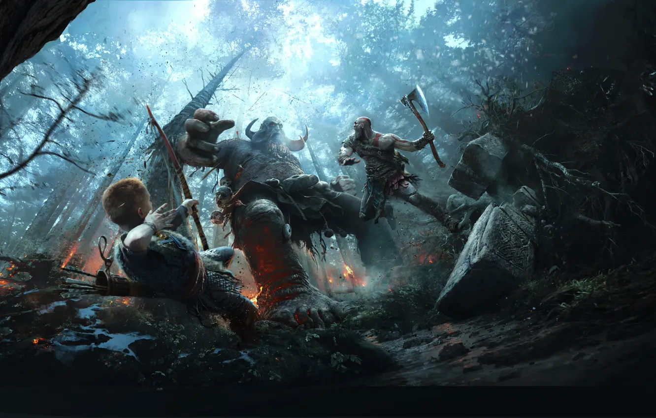 Фото обои Лес, Сражение, Топор, Воины, Kratos, God of War, Game