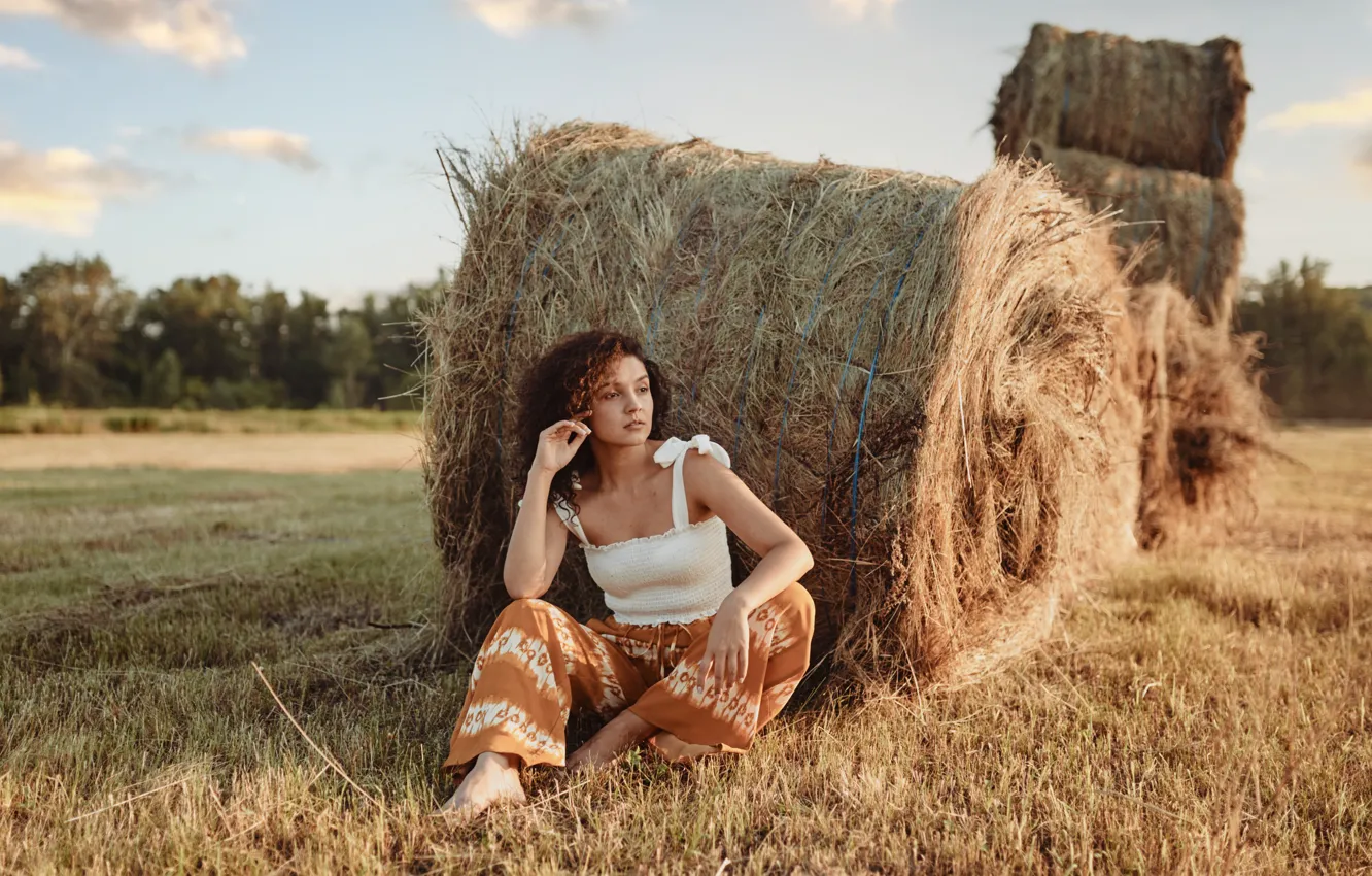 Фото обои поле, девушка, природа, поза, сено, шатенка, кудри, Денис Ведь