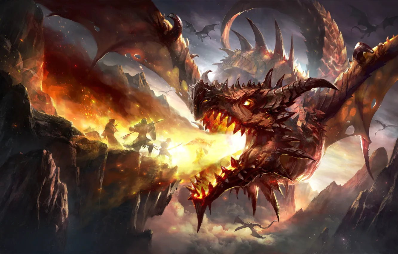 Фото обои fire, fantasy, Dragon, horns, armor, wings, mountains, rocks, bat...